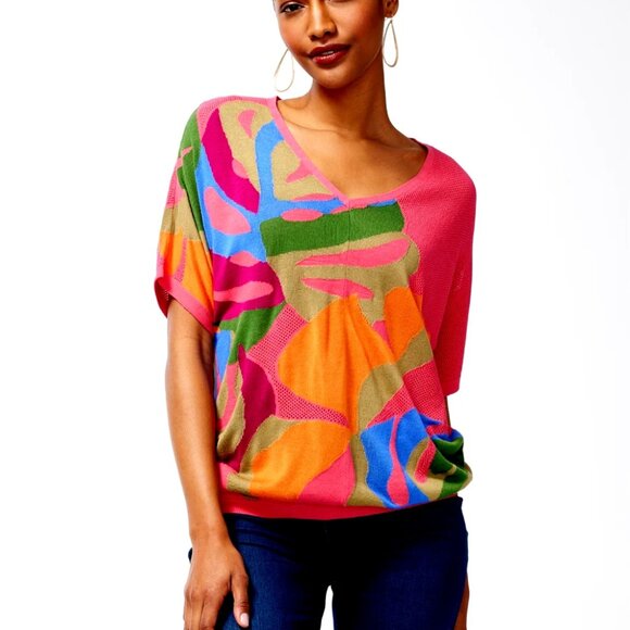 Chico's Sweaters - CHICOS Pullover Sweater Pink Artsy Abstract Colorful Tropical Mesh Knit size XL